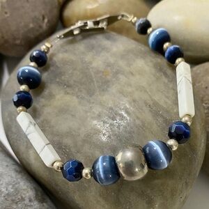 Handmade White Marble Blue Cats Eye and Silver Beaded Boho Artisan Bracelet